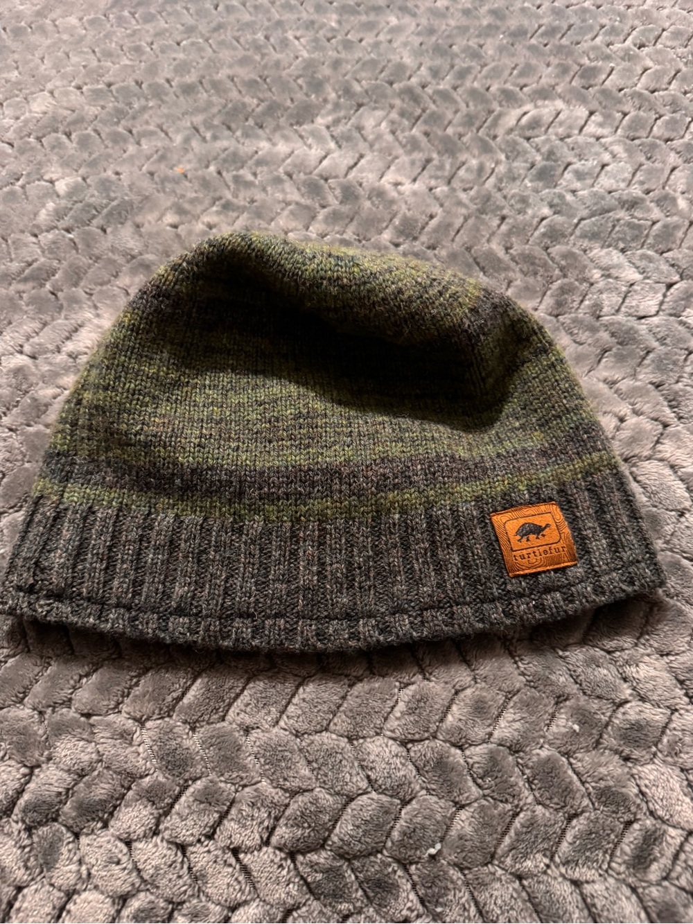 Turtlefur Heathered Olive Green Knit Beanie with Leather Patch